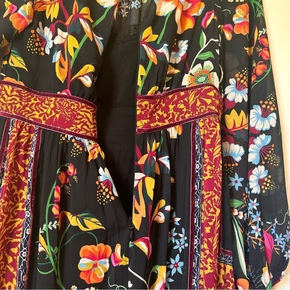 NEW Anthropologie Black Motif Boho Floral Velvet Trim Midi Dress Sz OUS Lined - Picture 13 of 14